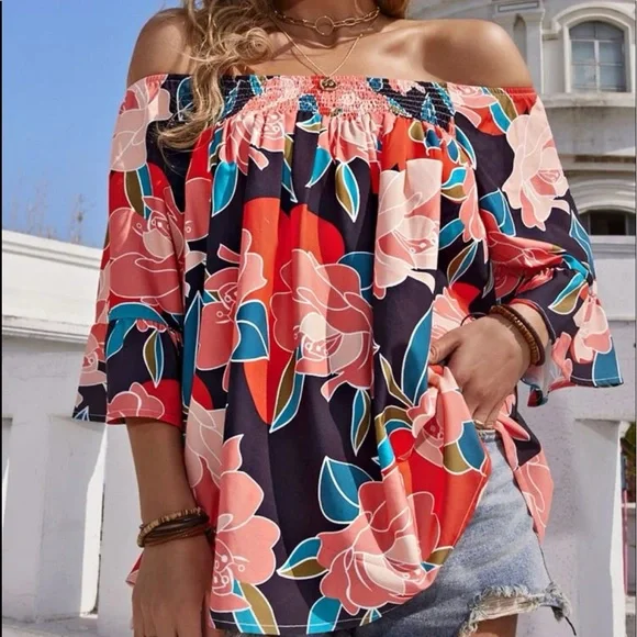 Boho Floral Print Off Shoulder Smocked Shirred Top Blouse - Picture 4 of 8